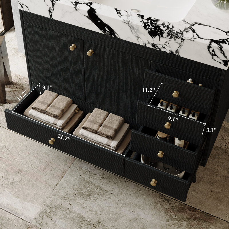 Meuble-lavabo autoportant de 91 cm (36 po) avec comptoir en pierre frittée, lavabo en céramique, 5 tiroirs et armoire à double porte