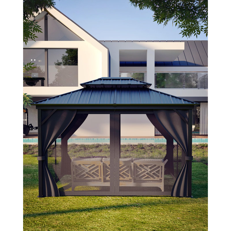 All-Weather Hardtop Gazebo with Double Roof & Durable Aluminum Frame, Mosquito Netting,Outdoor Pavilion,  Spray +  Cloth Black Mesh, 10x12FT