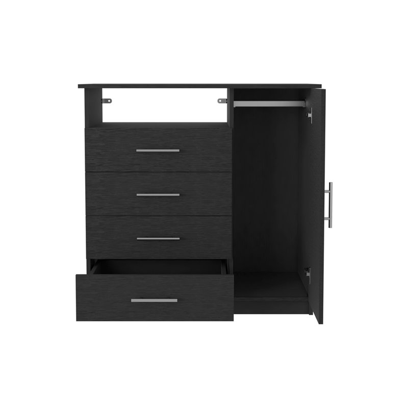 Commode 4 tiroirs, 1 tablette ouverte, plateau supérieur, armoire à une porte, noir, Noir
