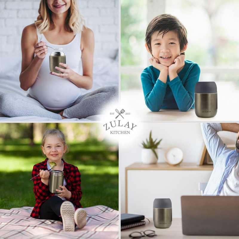 Zulay Kitchen 16oz Insulated Thermos Food Jar with Foldable Spoon - Stainless Steel Food Container, Dark Gray