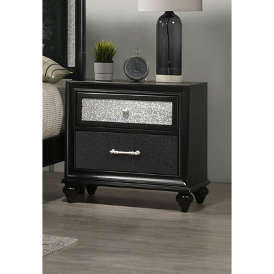 Table de chevet 1 pièce de style moderne, finition en bois noir argenté, deux tiroirs de rangement et glissière centrale, 26,4 po x 17,3 po 25,6 po, facile à assembler pour tous les styles