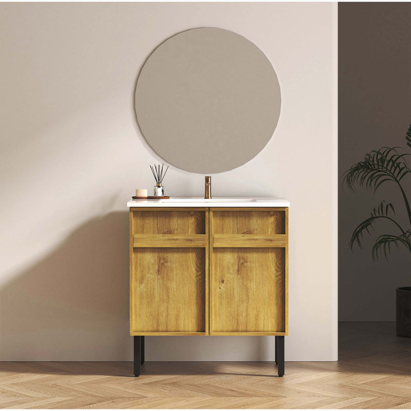 Meuble-lavabo sur pied avec panneau rainuré et lavabo en céramique