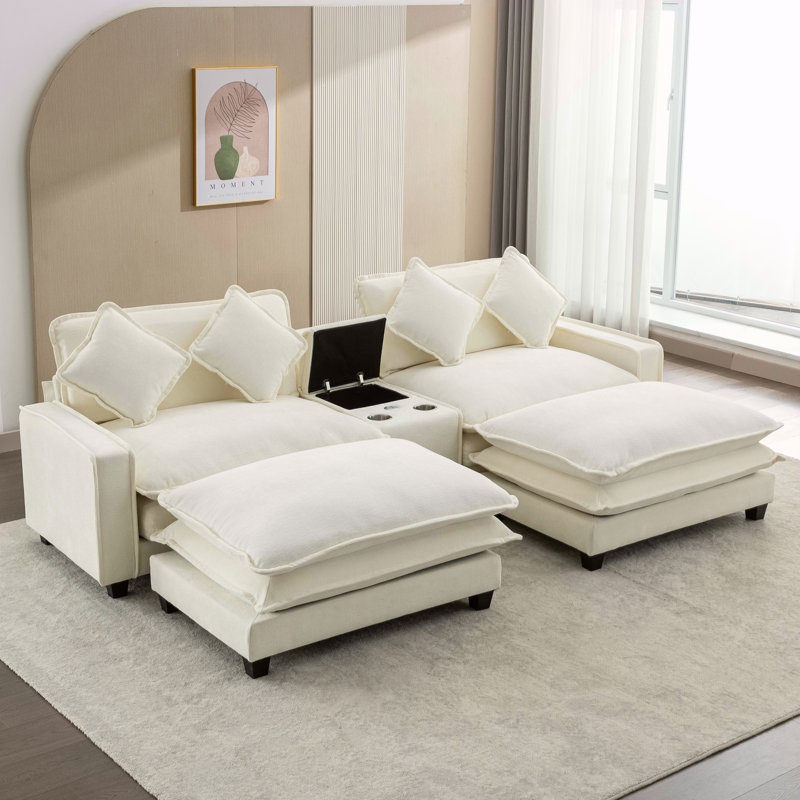 Canapé modulaire en chenille de 111 po avec deux repose-pieds amovibles, deux ports USB, deux porte-gobelets et une grande boîte de rangement pour le salon