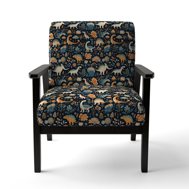 Dinosaurs Roar - Upholstered Glam Arm Chair, Blue Accent Chair, Black Square Arms