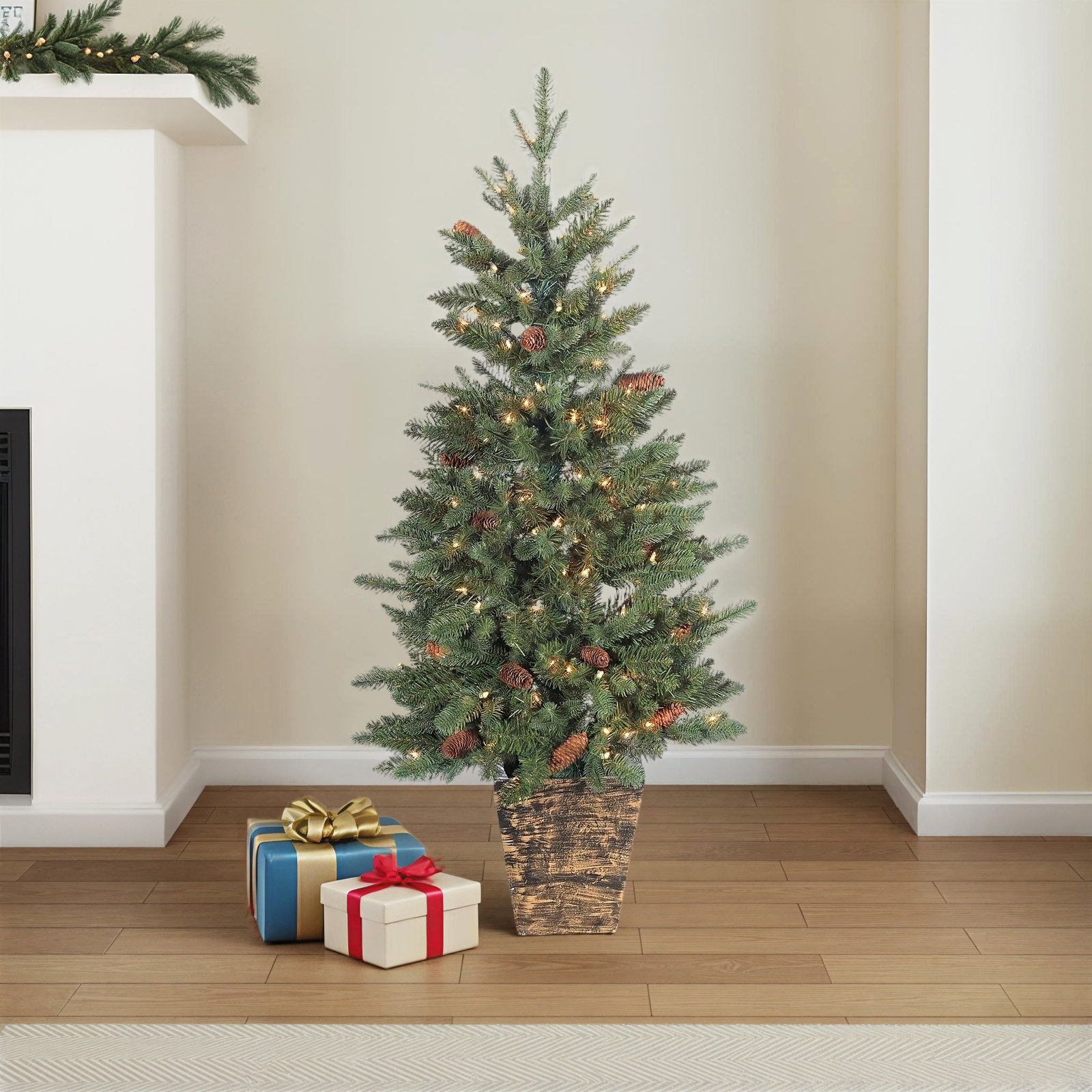 Charming 4 Foot Potted Natural Cut Georgia Pine With Pinecones In Fiberglass Pot