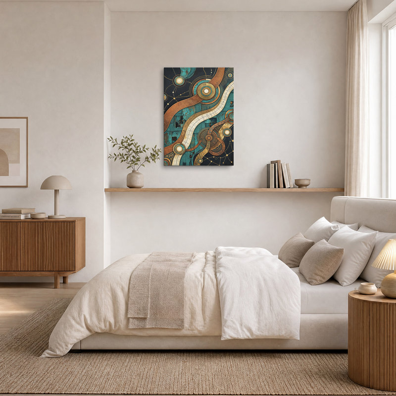 Tableau sur toile à motifs circulaires abstraits turquoise et bronze, H 24 po x l 18 po