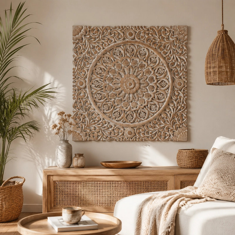Mandala carré sculpté à la main en bois, décoration murale artistique 48 x 48 po