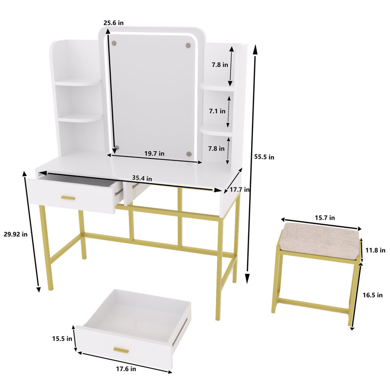 Gianalberto Vanity Set with Lighted Mirror, Gold/White