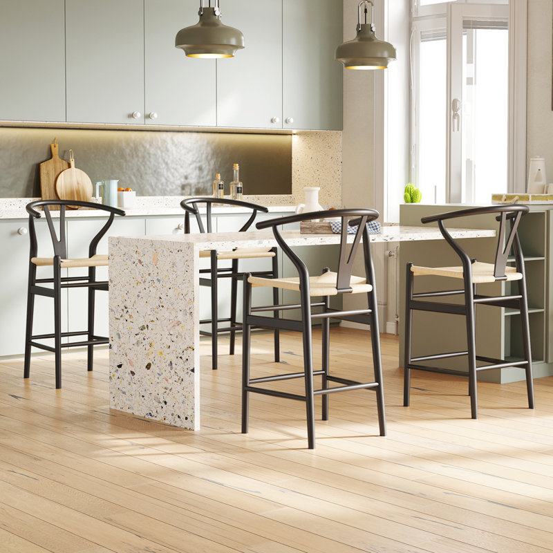 Tabouret de bar à hauteur de comptoir entièrement tissé pour îlot de cuisine, beige, Noir / Beige
