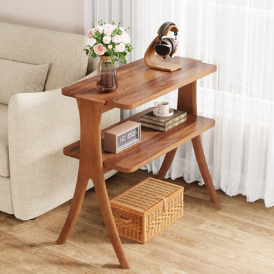 24.6'' Tall End Table Side Table With 2-Tier Storage Shelves And Solid Wood Legs
