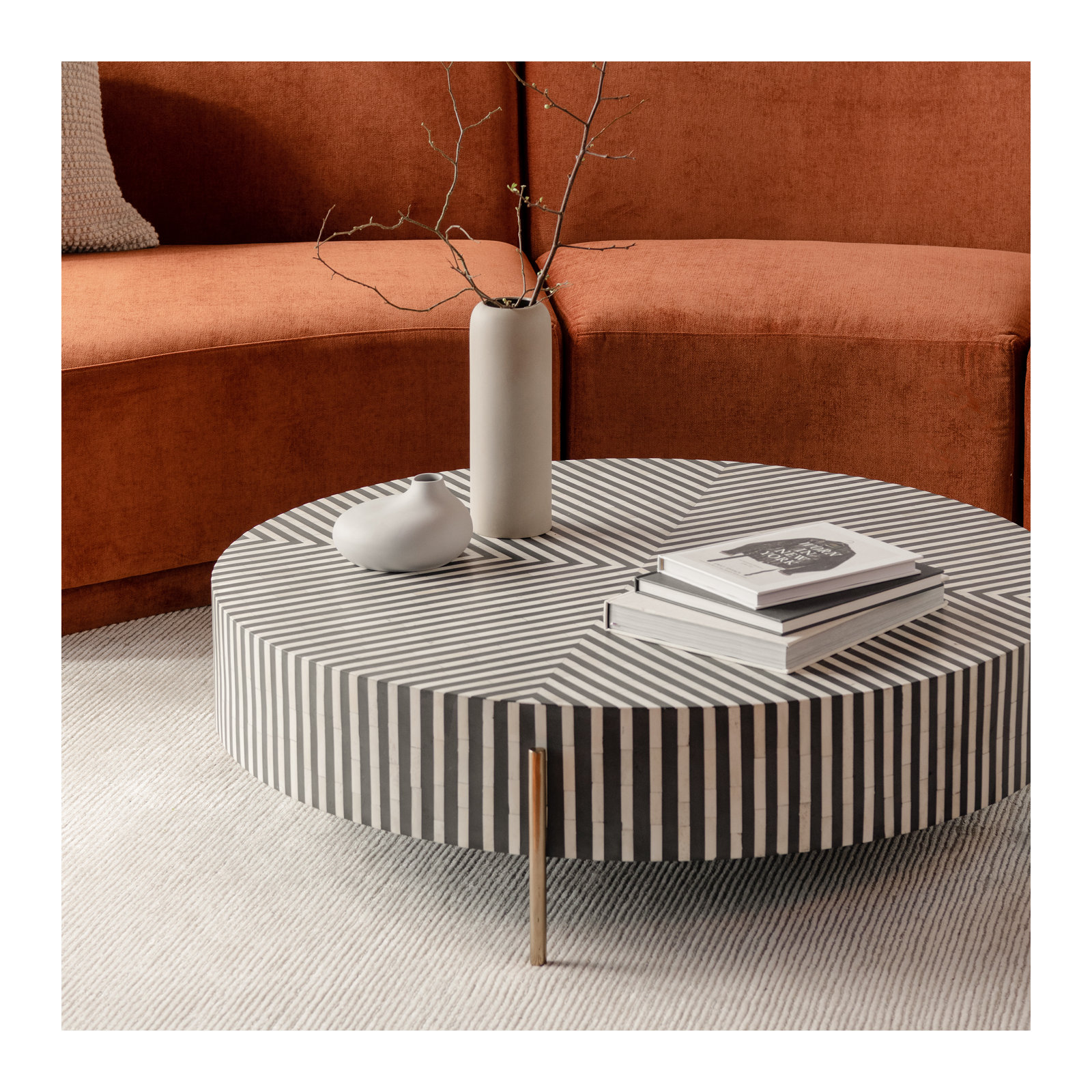 Bron Round Bone Inlay Coffee Table, 12" H x 42" L x 42" W