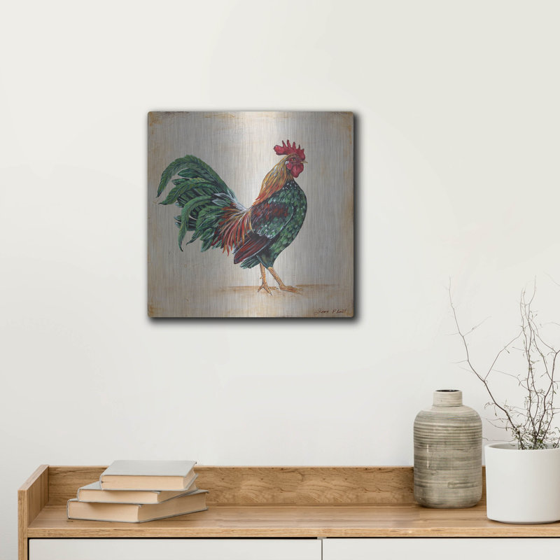 «Rooster-i» par Jean Plout, art mural en métal, H 12 po x l 12 po