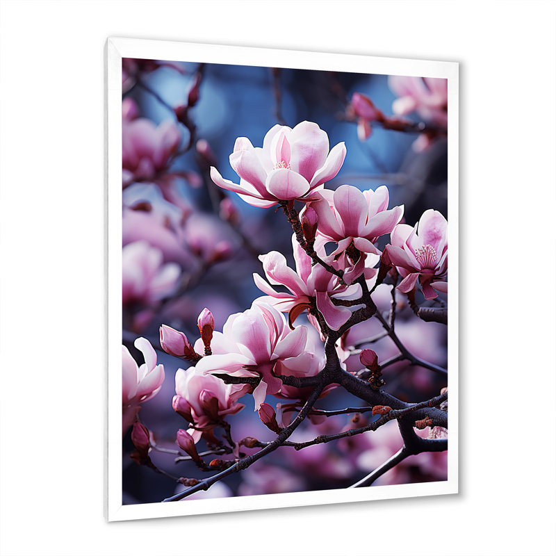 Magnolias mauves mystiques, impression sur toile, H 32 po x l 24 po x P 1 po, Cadre photo blanc