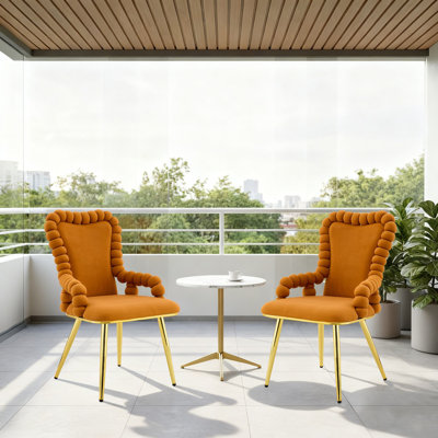 Ensemble de 2 chaises de salle à manger rembourrées à dossier bullé avec tissu doux et pieds en métal doré pour salle à manger, salon et meuble-lavabo