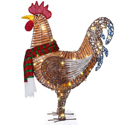 38 Inch Rustic Pre‑Lit Rattan Rooster Outdoor Christmas Decor