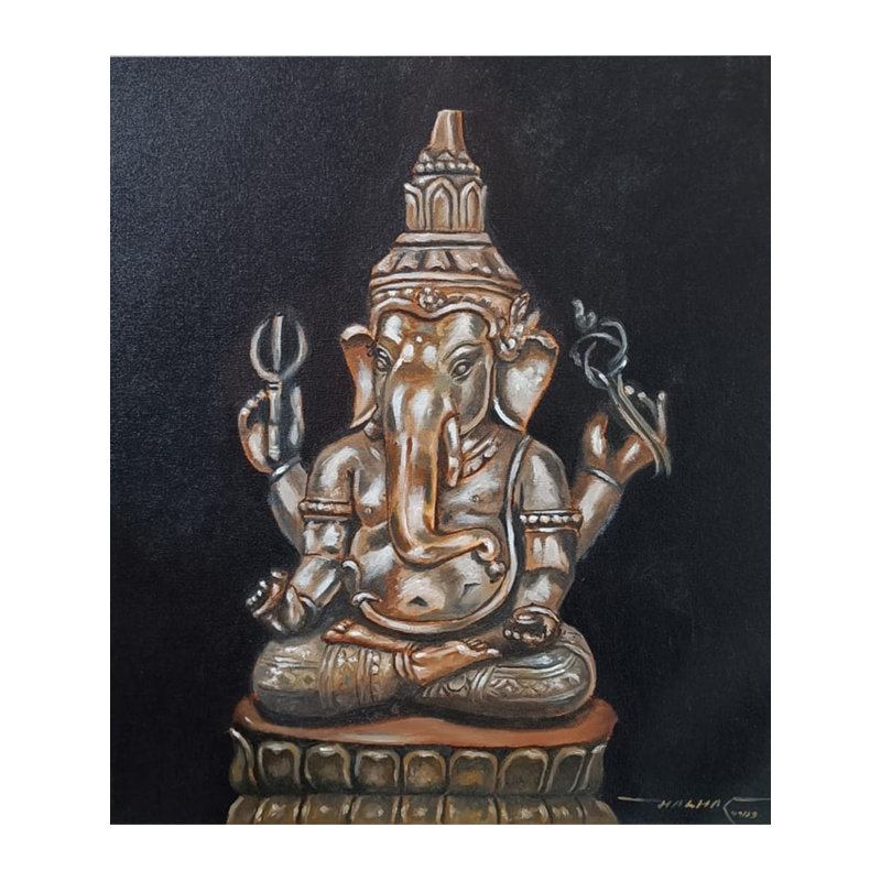Lord Ganpati Oil Painting - Original Oil on Canvas by Malhar Ambulgekar, Hindu Deity Wall Art for Temple Home Decor