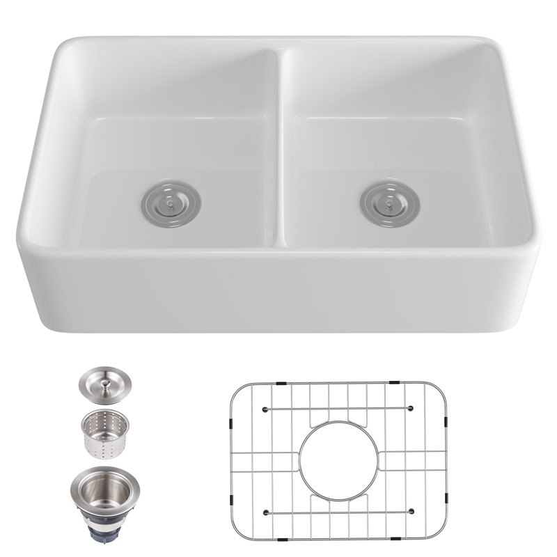 Denbigh 32" L x 20" W, White Fireclay Double Basin Farmhouse Kitchen Sink with Accessories