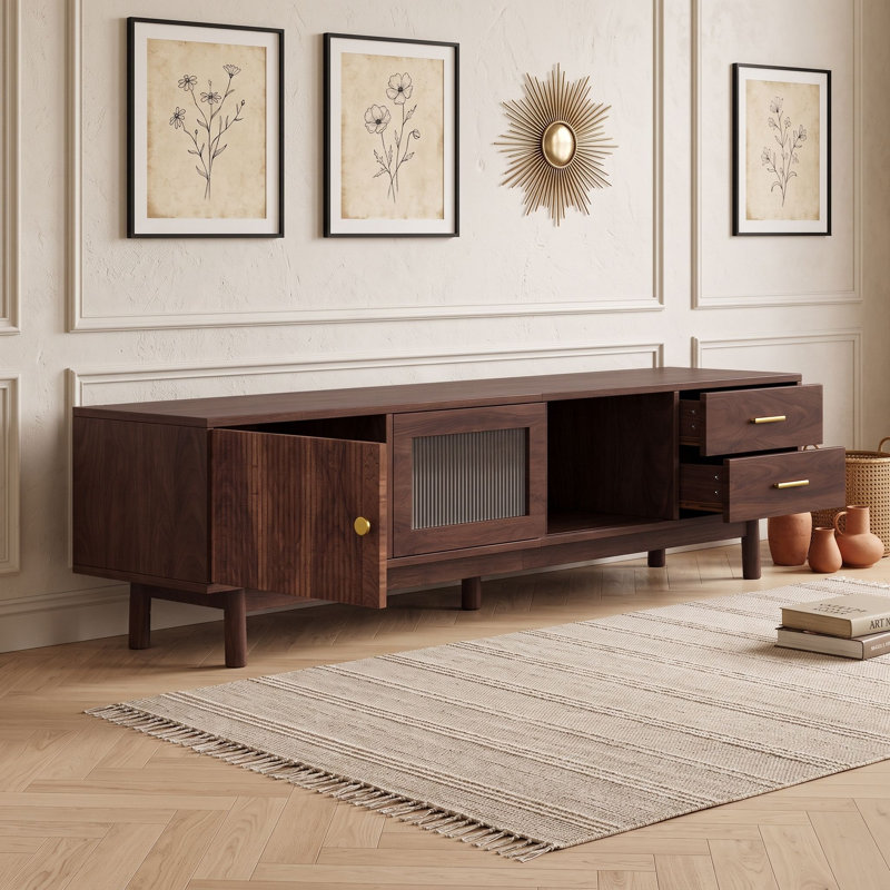 Meuble télé en bois avec 2 tiroirs, garde-robe et portes