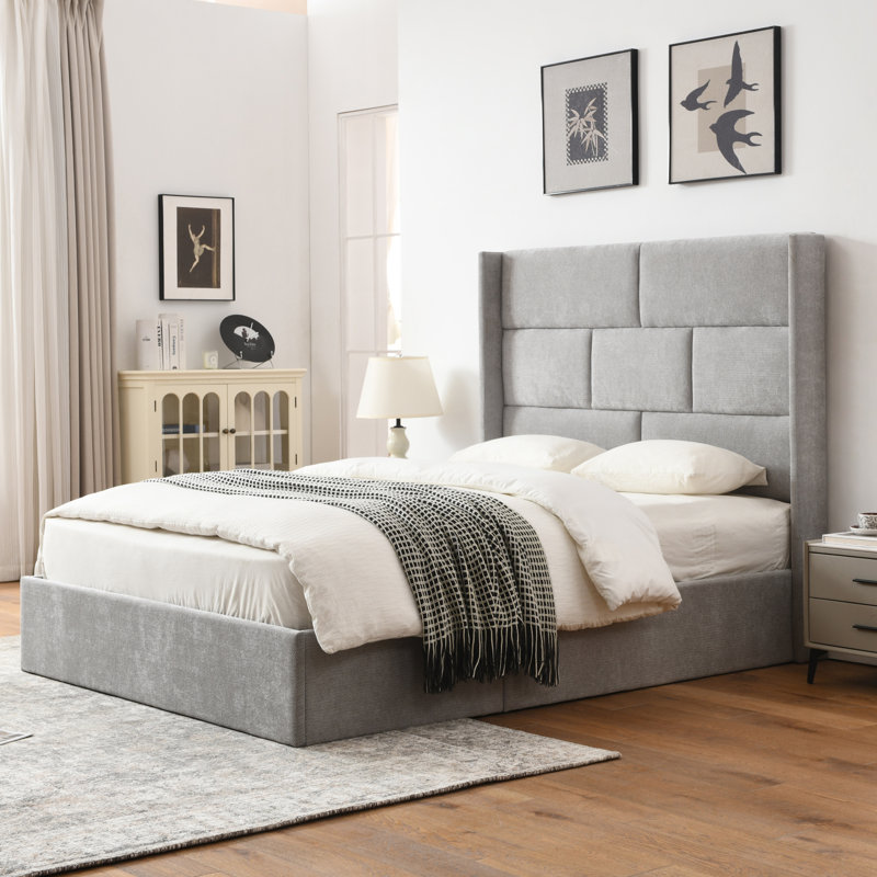 Braya Hydraulic Lift and Storage Upholstered Flat Bed with High Headboard, Gray, Queen