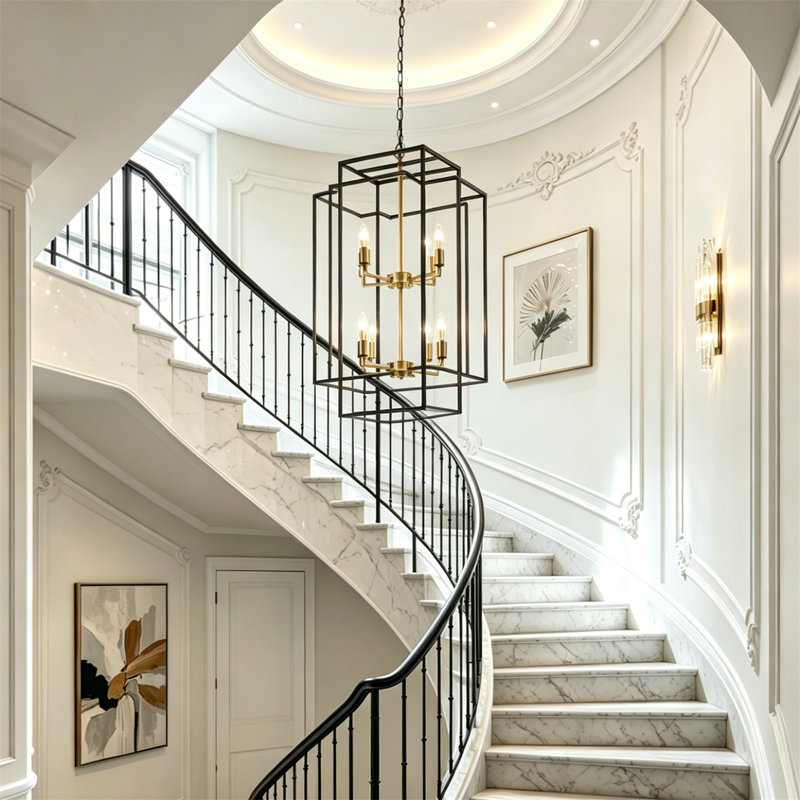 8-Light Black Geometric Cage Chandelier, Adjustable Height, Black Gold