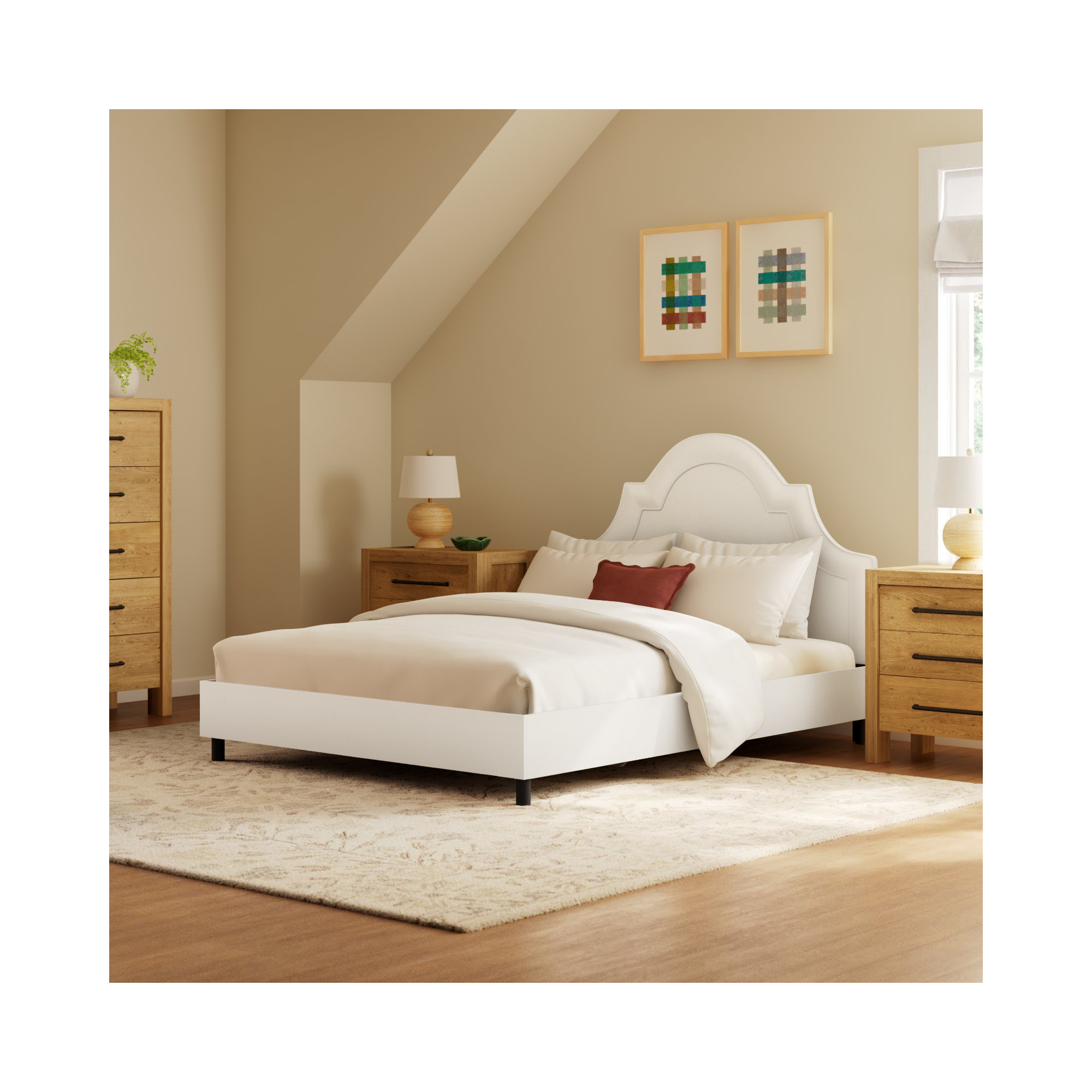 Knipe Upholstered Scalloped Bed, Queen, White Performance Twill