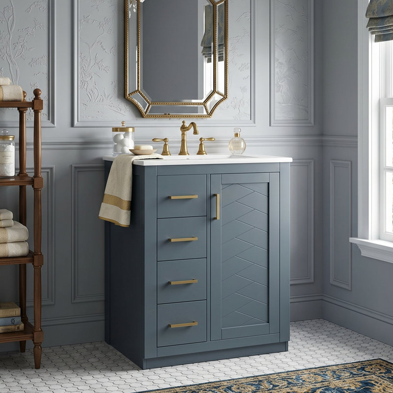 Meuble-lavabo moderne 24 po avec lavabo en céramique intégré, armoire de rangement en bois massif avec 3 tiroirs et 1 porte (noir / bleu)