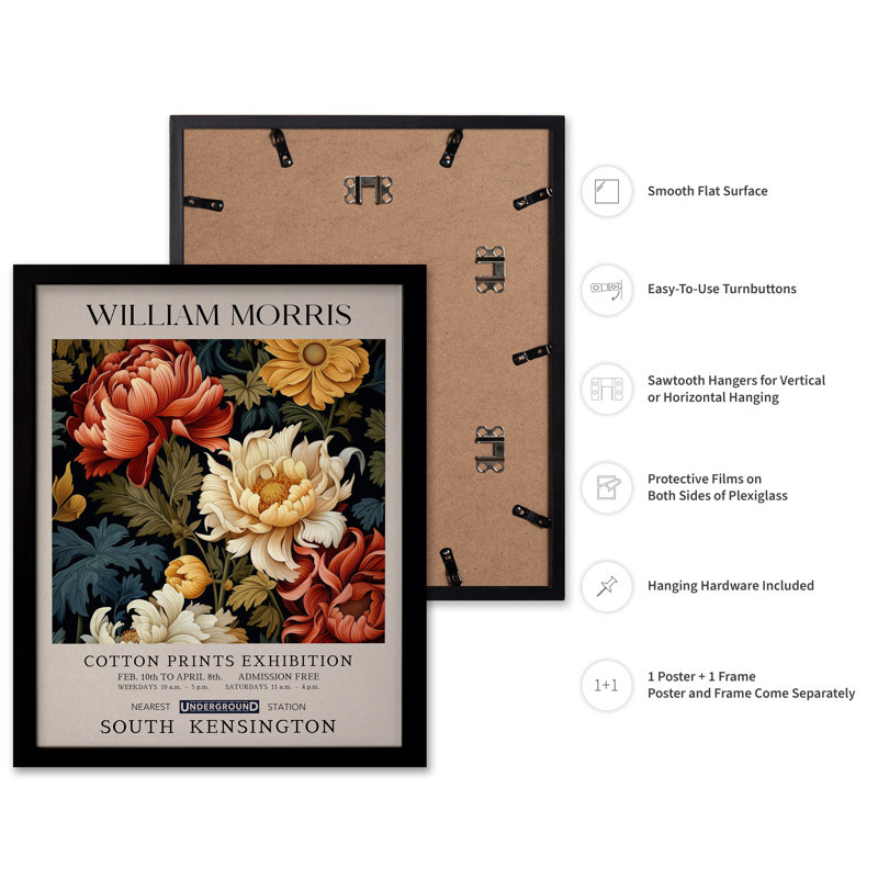 William Morris - pivoine no 1, Black Framed, Poster, 11"H x 14"W