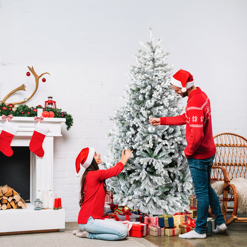 Sapin de Noël artificiel de 2,13 m (7 pi) pré-illuminé et recouvert de neige, avec 400 lumières DEL blanc chaud et 8 modes d'éclairage