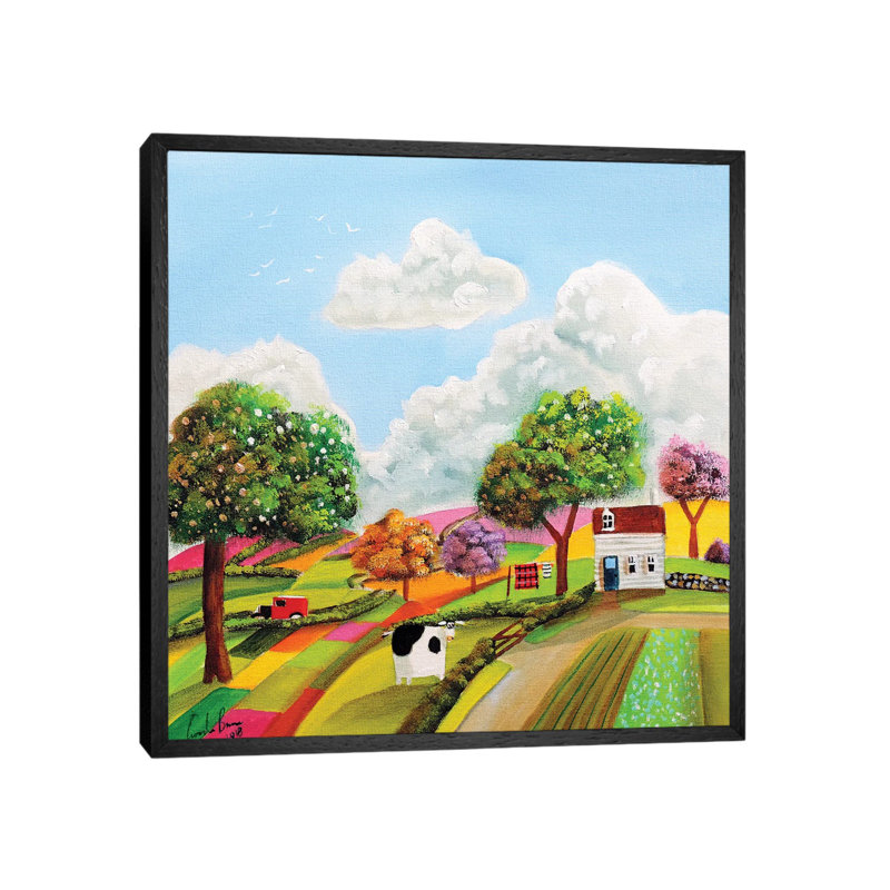 Patchwork Fields by Gordon Bruce - Painting on Canvas, 45.72 cm H x 45.72 cm W, Black Framed