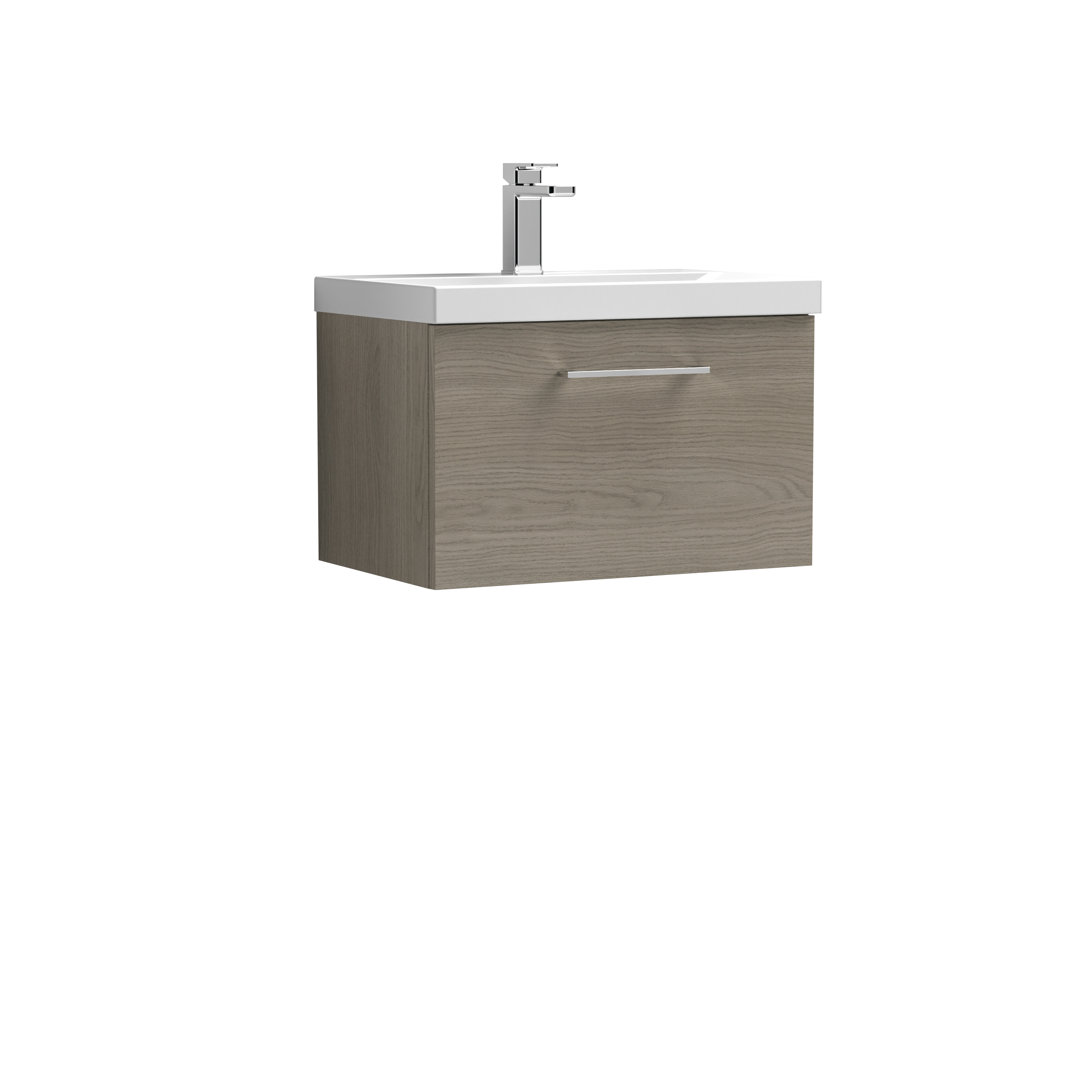 Nuie Arno 600mm Wall Hung 1 Drawer Vanity Unit & Basin - Solace Oak Brown - Image 2