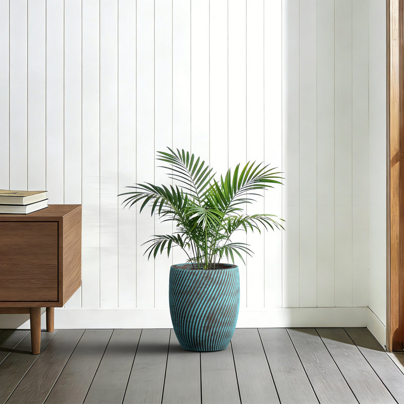 11 in. Small Concrete Round Planter / Pot with Turquoise Stripes with Drainage Holes for Indoor & Outdoor, Turquoise
