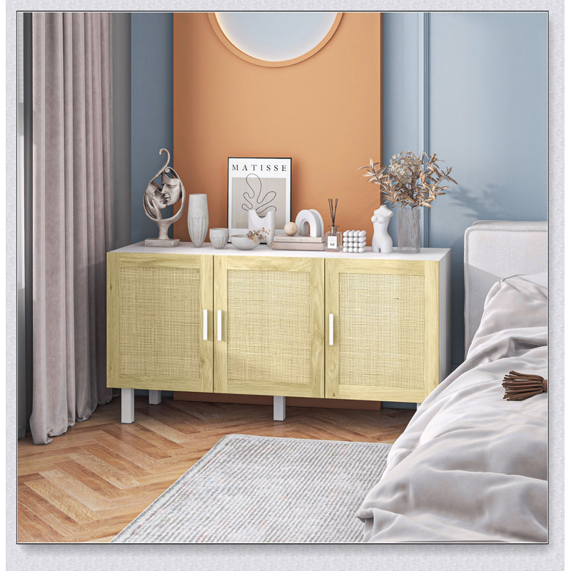 Buffet mixte 3 portes en rotin, Blanc/naturel