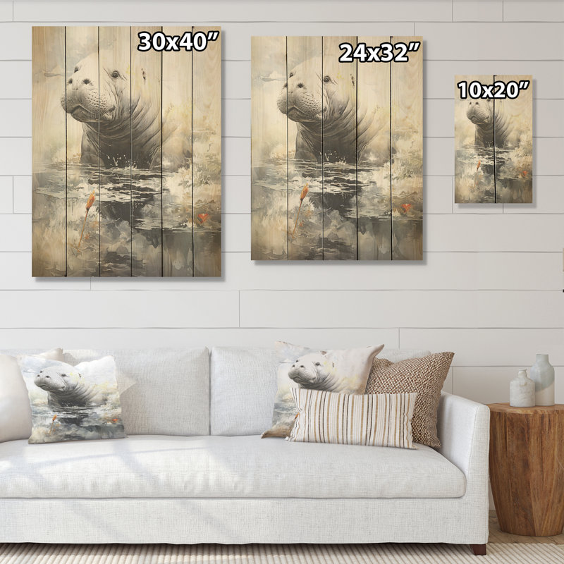 Gris humble lamantin I - Art mural en bois de lamantin sur bois de pin naturel, H 40 po x l 30 po