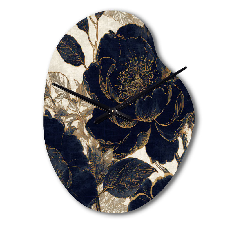 Blue Gold Peony Celebration I - Horloge asymétrique en métal pivoines, impression d'horloge en métal de forme unique bleue