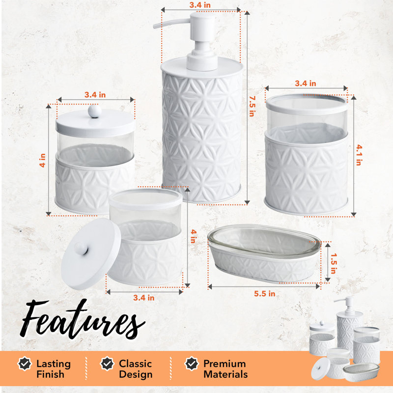White Glossy Metal and Glass 5-Piece Bathroom Accessory Set
