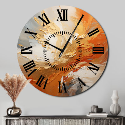 Golden Orange Surge - Abstract Spirals Black Face Wall Clock