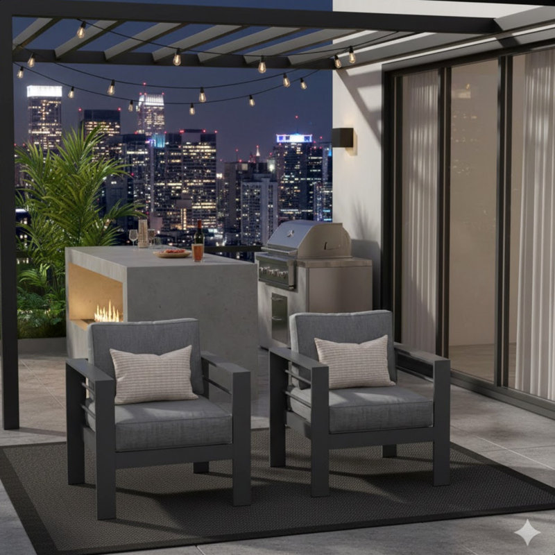 2-Pack 28" All-Weather Aluminum Patio Armchairs With Thick Cushions, Gray, Gray