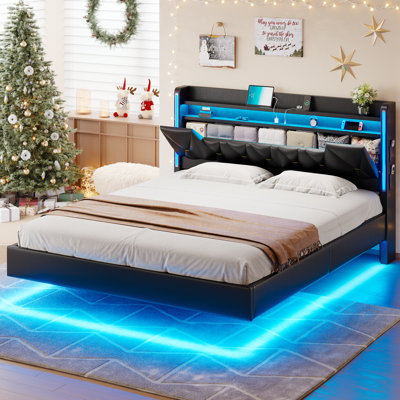 California King Bed Frames,Floating Bed Frame  with Storage Headboard,Cal King Bed Frame with Charging Station&LED Lights,Platform Bed No Box Spring Needed,Noise-Free, Easy Assembly,Black