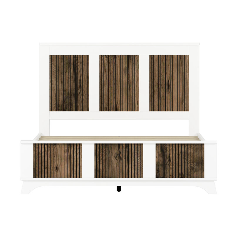 White Queen Platform Bed, Wooden Strip Decoration, Stable Plywood Slats, 700Lbs Weight Support, No Box Spring Required Bed With Character And