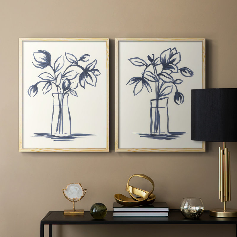 Indigo Bud Vase I-Premium, reproduction encadrée - prêt à être accroché - aucun clou requis - aucun clou requis, Bois naturel