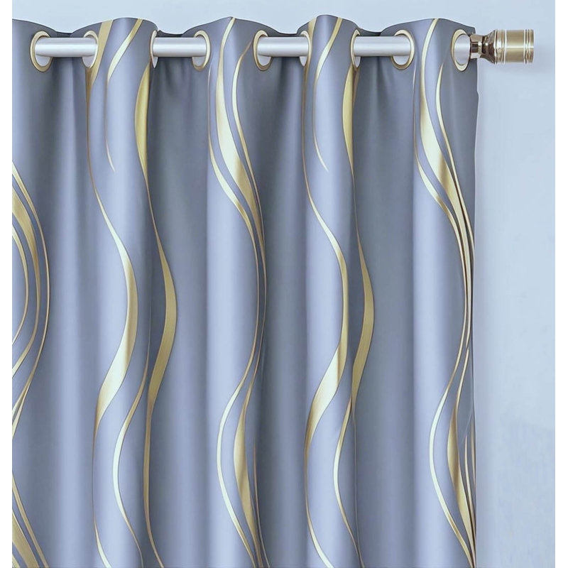Blackout Curtain Pair, Bluish Grey/Gold