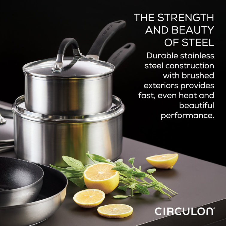 Circulon Stainless Steel Frying Pans / Skillet Set with SteelShield Hybrid Stainless and Nonstick Technology, 8 inch and 10 inch, Silver