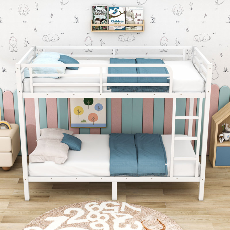 Metal Bunk Bed With Guardrails And Ladder, White, Twin XL Over Twin XL