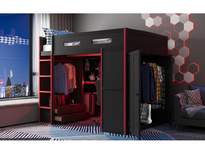 Larkspur Modern Gaming Solid Wood Full Loft Bed with LED Lighting, USB Port, Desk & Dual Wardrobes, Red