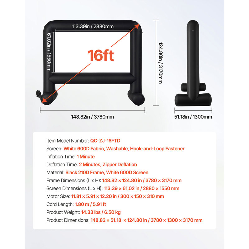 Inflatable Movie Screen, Inflatable Projector Screen with Portable Storage Bag, 16:9 Easy Set Up Movie Projection for Outdoor Backyard, Home Theatre, Theme Party