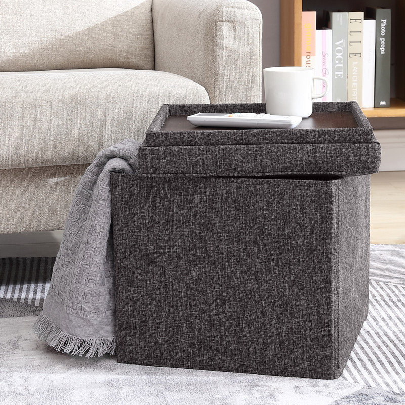 Hilsa Upholstered Ottoman, Charcoal Gray Linen Blend