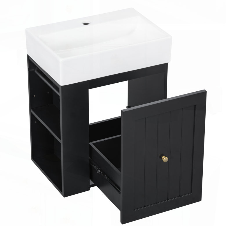 Meuble-lavabo mural moderne de 20 pouces avec lavabo en céramique, rangement en panneau de fibres à densité moyenne et poignée dorée pour petits espaces