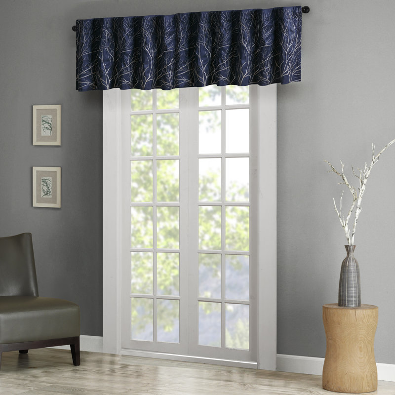 Navy Faux Silk Embroidered Sill Length Window Valance