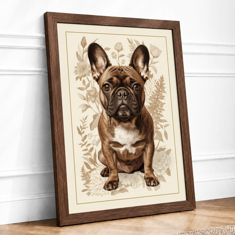 French Bulldog Portrait Botanical - Framed Print, A4 - 29.7 x 21.0 cm, Walnut