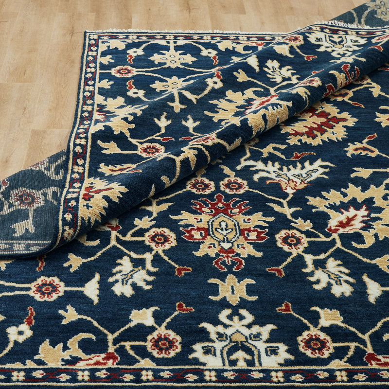 Sovereign Navy Ivory Floral Hand Knotted Wool Area Rug, Rectangle 2' x 3'